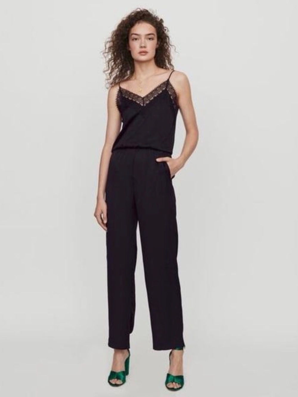 Maje Black Lace-Trim Slip Jumpsuit with Spaghetti Straps